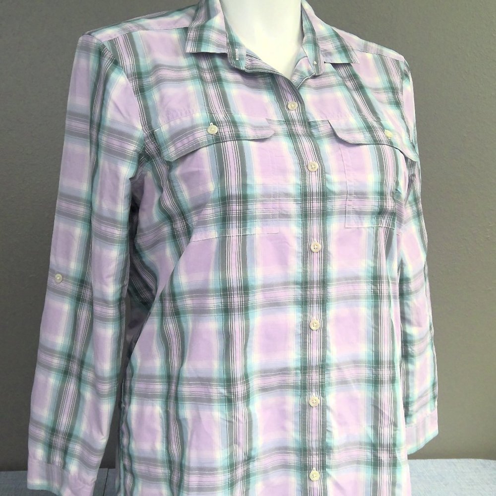Eddie Bauer Pink Plaid Travex Shirt Long Sleeve Button Up Women's Large
